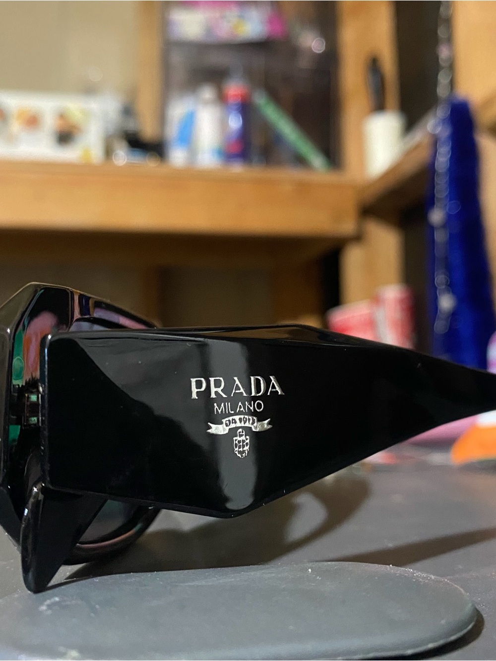 Prada Black Glossy Men's Sunglasses with Silver Logo